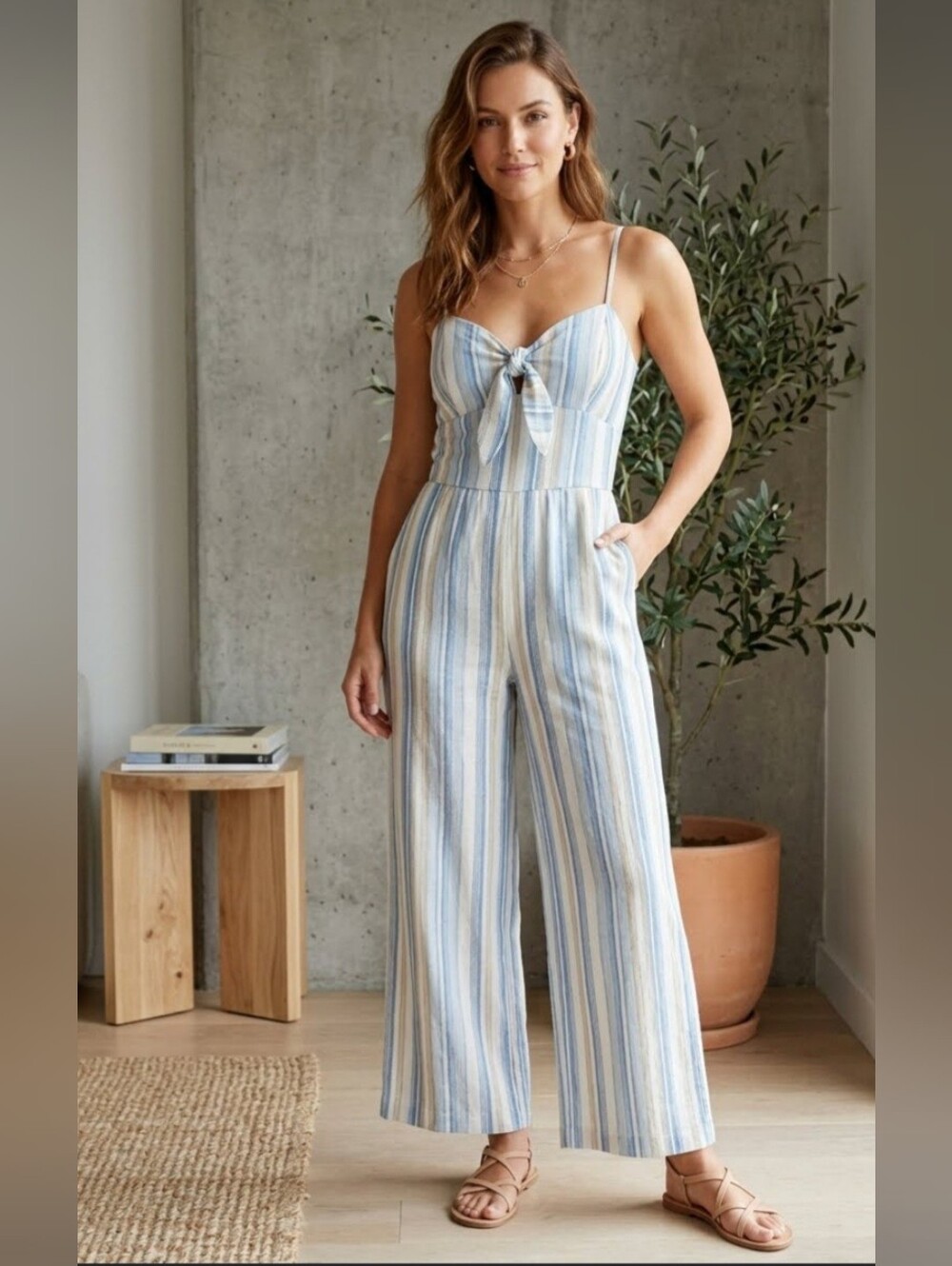 Striped Blue and Tan Tie-Front Maxi Dress